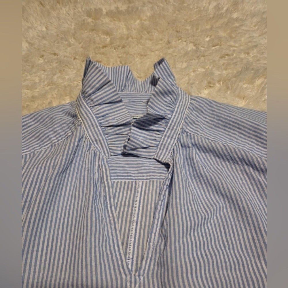 Popover Fit Size XL Blue & White Women's Ruffled V Neck 3/4 Length Sleeve EUC - Picture 3 of 6